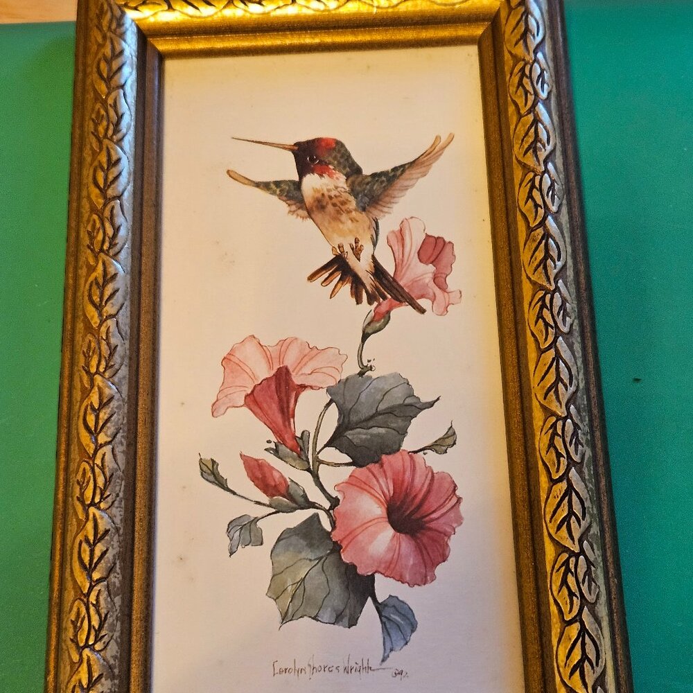 charming hummingbirds with pink petunias framed print signed by artist 10x6
